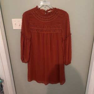 Womens Rust Crochet and Poke a Dot Yoke Long Sleeve Dress